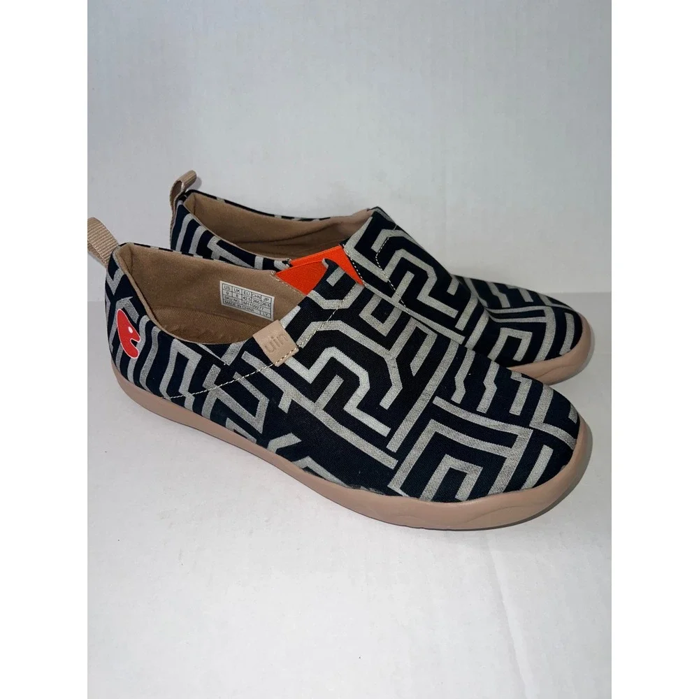 UIN Mens Maze Pattern Canvas Slip On Travel Shoes Black White M1109277 Size 9